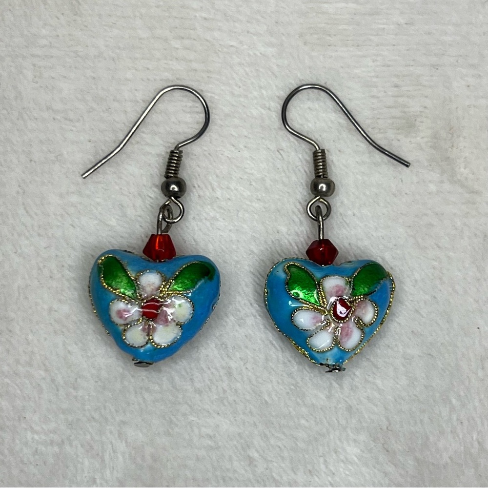 Cloisonné Heart Dangle Earrings